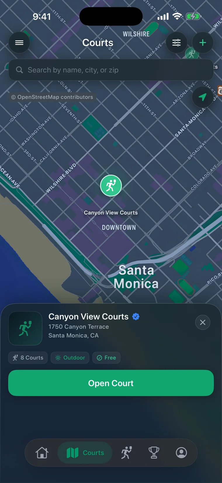 The Courts map in PickleCue: an OpenStreetMap view of Santa Monica with court pins, and a selected court showing 8 courts, outdoor, free, with a button to open it.