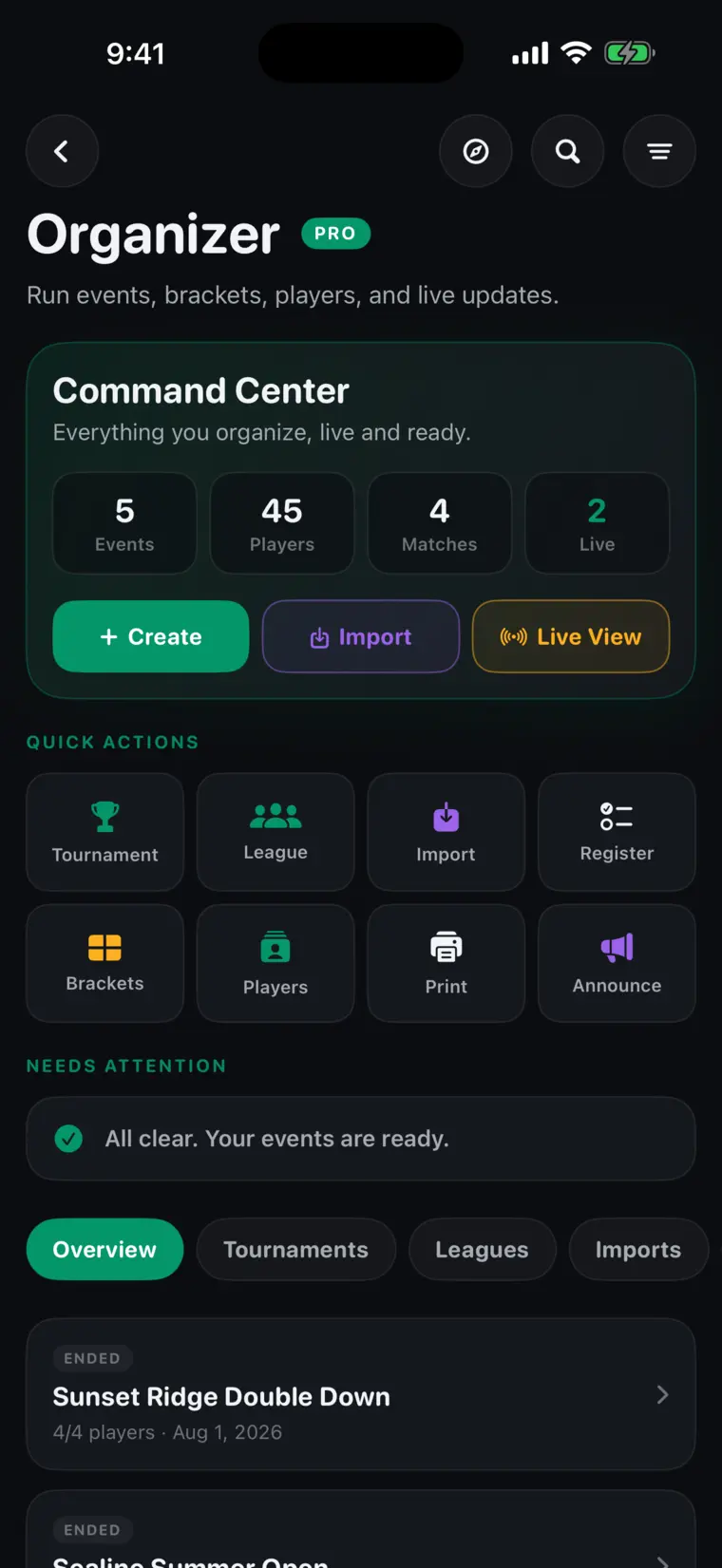 The PickleCue organizer hub: a Command Center showing events, players, matches and how many are live, quick actions for tournaments, leagues, brackets and check-in, and a Needs Attention panel reading All clear.