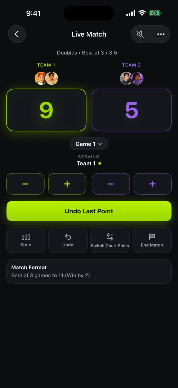 Live scoring in PickleCue: team scores at nine to five, serving indicator, and undo.