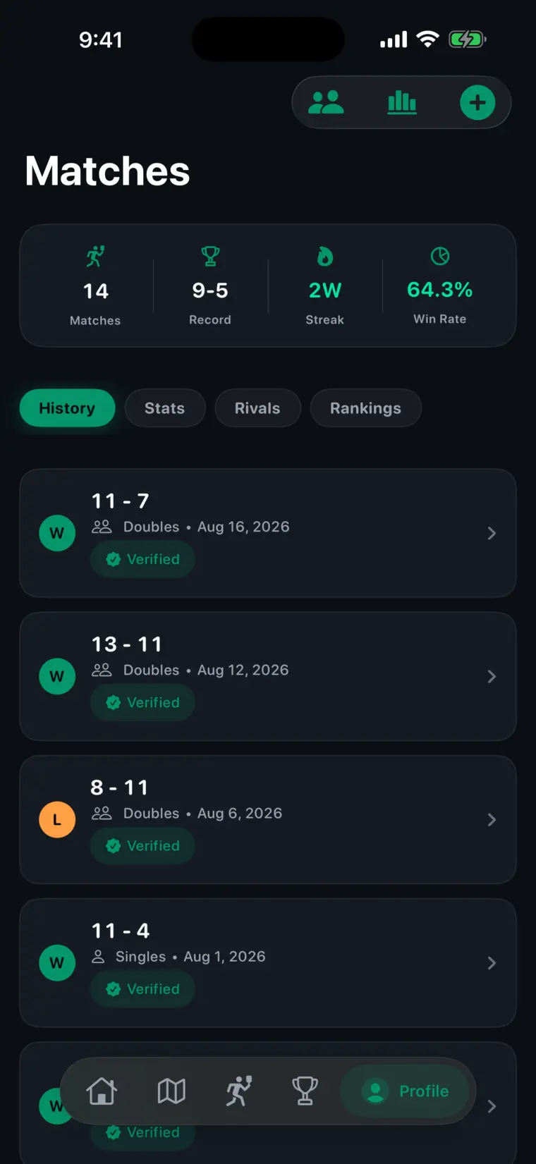 Player statistics: matches played, win-loss record, current streak and recent form.