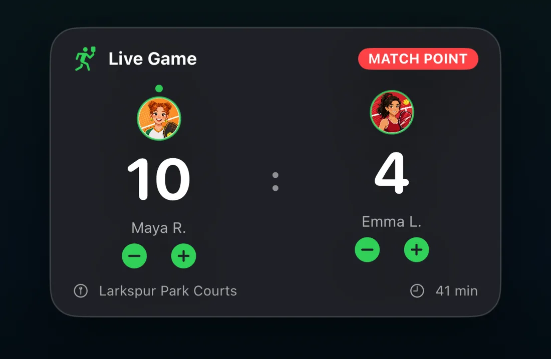 A PickleCue Live Activity on the iPhone Lock Screen at match point.