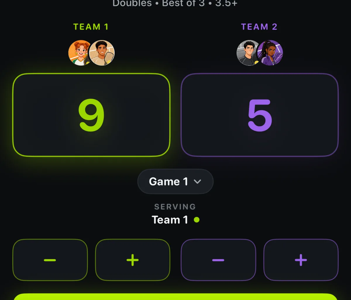 Live scoring in the PickleCue iPhone app, mid-game.