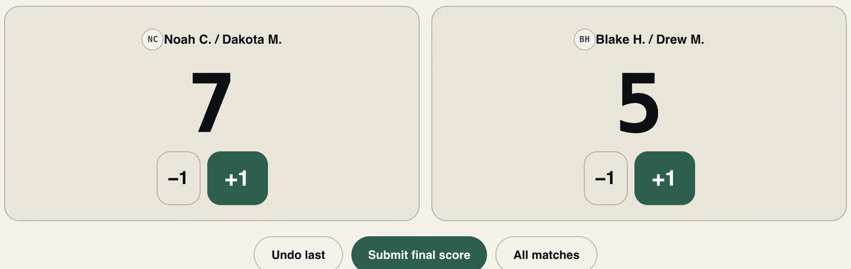The web scorekeeper pad with large plus and minus buttons for each team.
