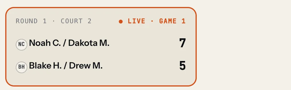 The public live event page showing a match in progress at 7-5.