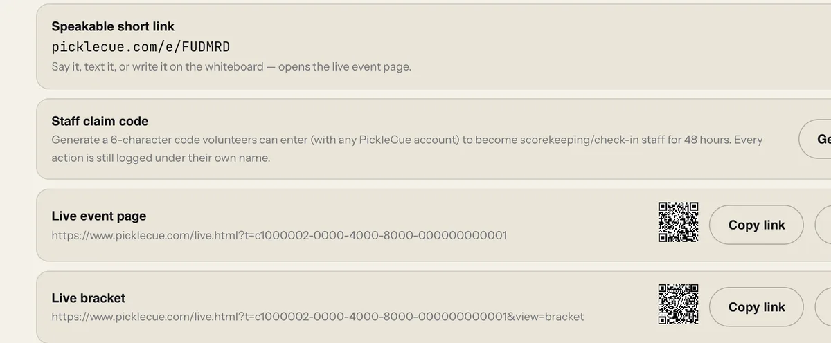 The organizer QR panel showing a speakable short link, a staff claim code, and a printable QR for the live event page.