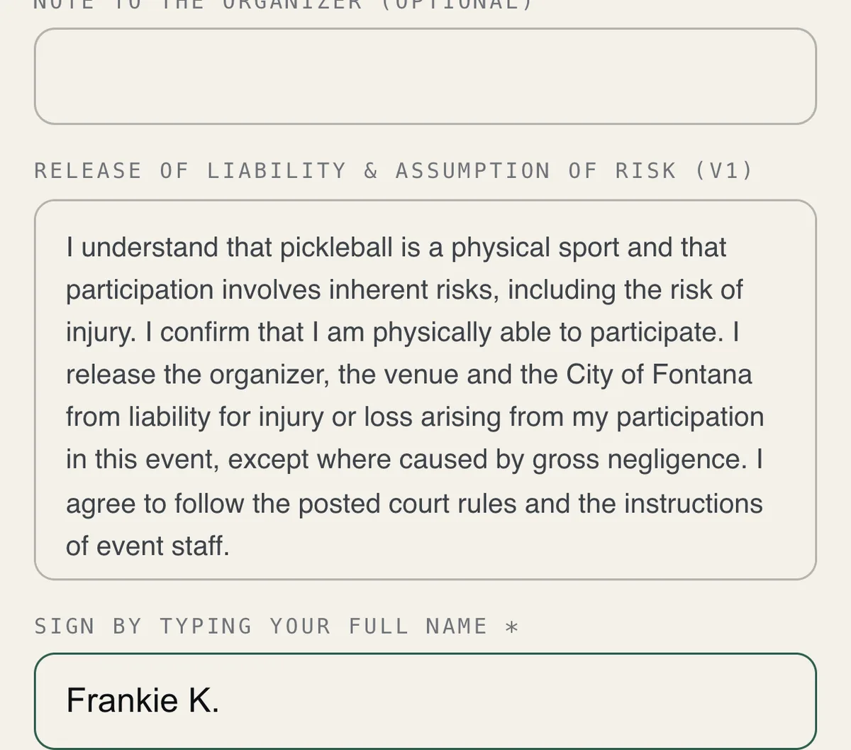 The waiver text and signature field inside the registration form.